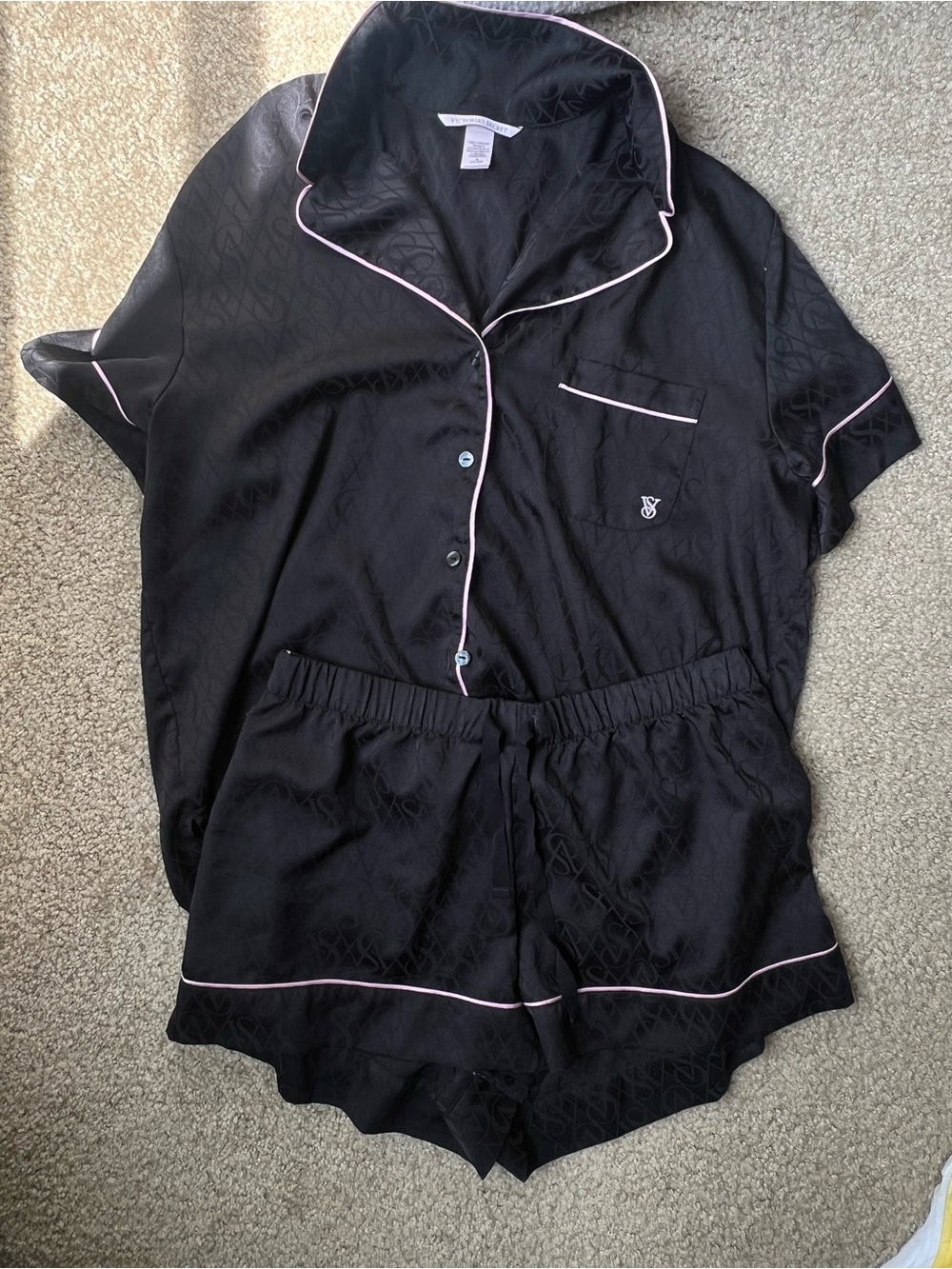 Victoria Secret Black Short-Sleeve Satin Pajama Set with Pink Trim
